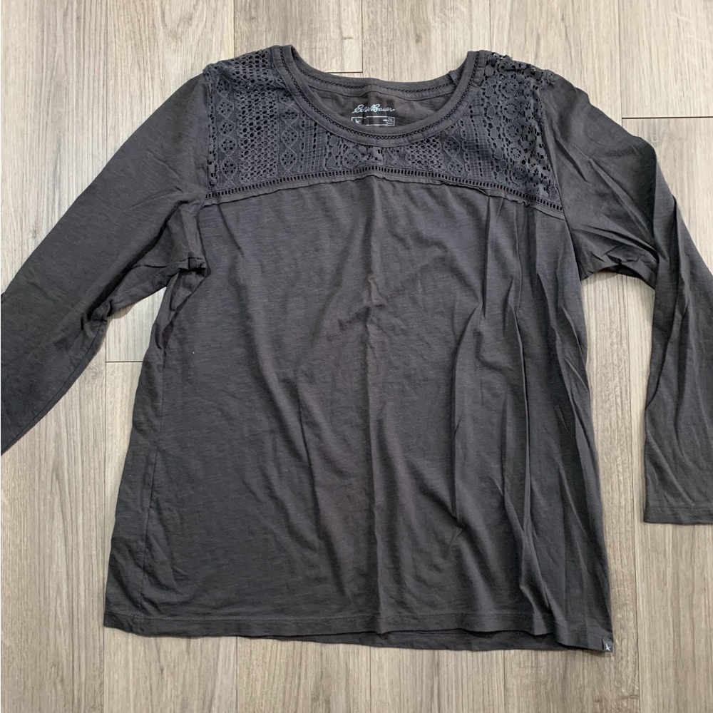 Eddie Bauer Long Sleeve Shirt w/ Lace Shoulders, Gray, 2XL